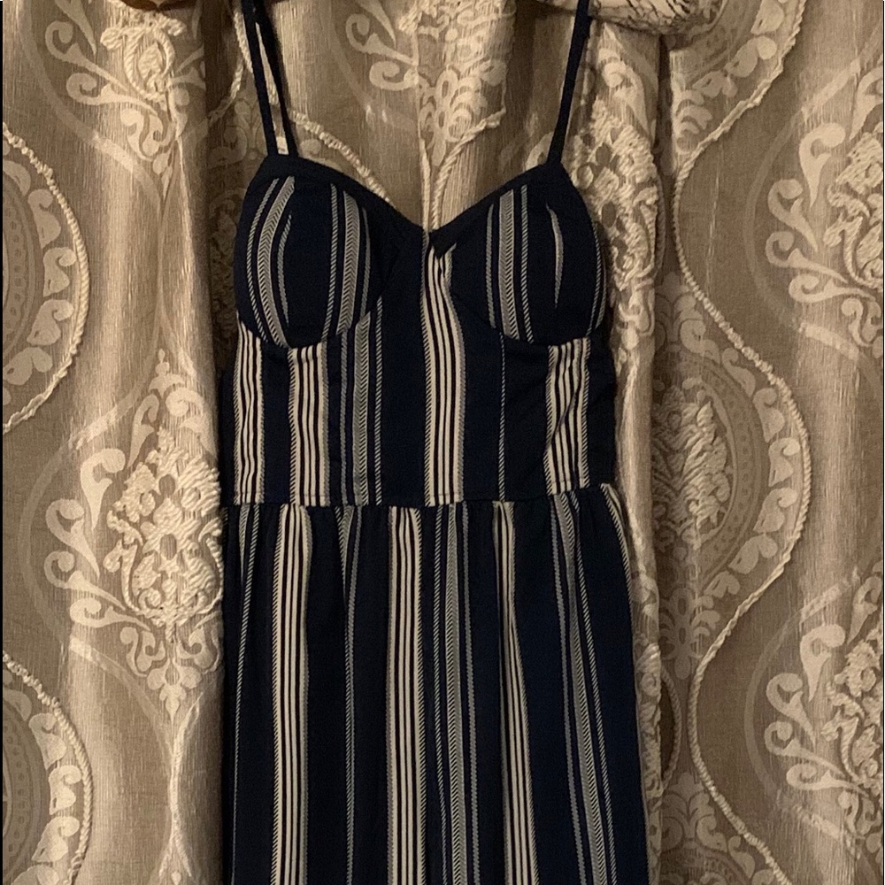 Blue and white striped jumpsuit